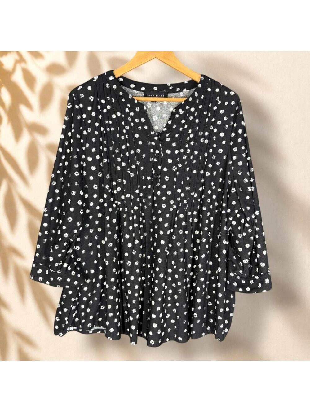 Como Black Blouse Women 1X Plus Black Polka Dot V-Neck 3/4 Sleeve Button Casual